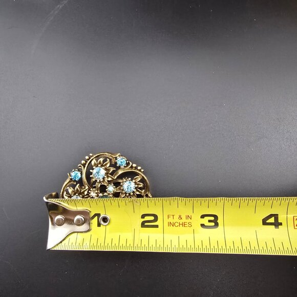 Floral Coro Brooch With Blue Rhinestones Gold-Tone Vintage Signed 1.75" wide - Picture 8 of 10